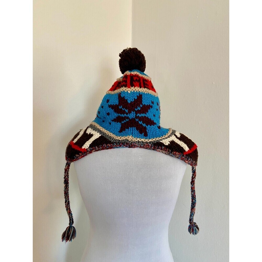 American Eagle VTG y2k Wool Faux Fur Fleece Trapper Hat Snowflake Red Blue Pom 7